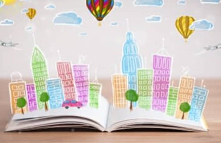 Open book with city skyline and car image popup